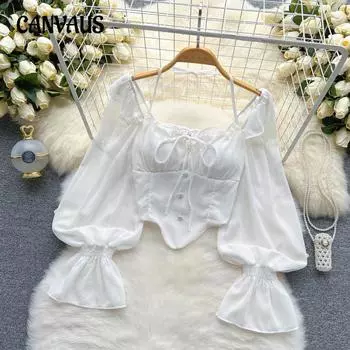 Рубашка на одно плечо без бретелек с отложным воротником и расклешенными рукавами, женская шифоновая тонкая нестандартная короткая рубашка one size кофейный