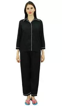 Рубашка на пуговицах Bimba с пижамными штанами с эластичной резинкой на талии 2 шт. Ночная одежда с длинными рукавами 10 чёрный