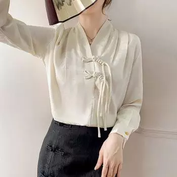 Рубашка на пуговицах в китайском стиле, женская, весенняя, во французском стиле, элегантный топ с длинными рукавами и V-образным вырезом XXL абрикосовый