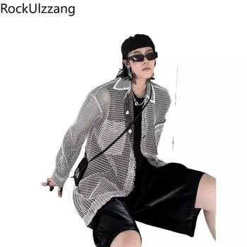 Рубашка на пуговицах в стиле «рыбная сетка» в стиле оверсайз, топ с длинными рукавами, лето-осень, женский и мужской хип-хоп, свободный размер, большие размеры, Харадзюку, уличный панк y2k M чёрный