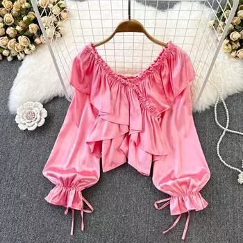 Рубашка на шнуровке с баской, v-образным вырезом и пышными рукавами, корейская версия, темпераментный, универсальный повседневный топ с длинными рукавами в стиле ретро