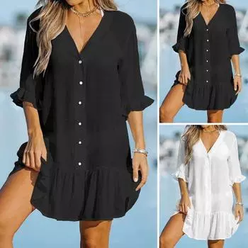 Рубашка-накидка с v-образным вырезом и короткими рукавами, однобортная однобортная рубашка свободного кроя с оборками, летняя тонкая солнцезащитная рубашка, платье, пляжная одежда L белый