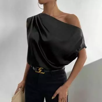 Рубашка Необычная форма с открытыми плечами Топ с воротником-лодочкой Блузка без рукавов из искусственного шелка Гладкие атласные топы для свиданий S темно-коричневого