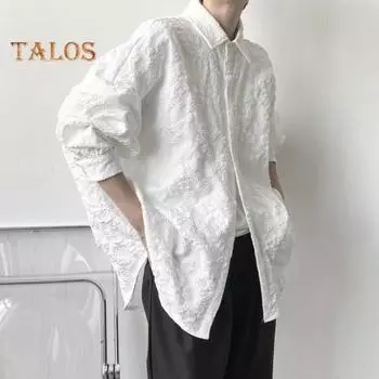 Рубашка осень-весна Цветочный кардиган Rilievo на пуговицах с отложным воротником, кардиган с длинными рукавами, свободный кардиган средней длины, темный стиль, повседневная одежда, топ L белый