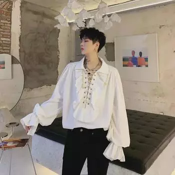 Рубашка Palace в стиле ретро унисекс с длинными рукавами, манжетами, воротником, оборками и шнурком — в стиле европейских и американских знаменитостей M белый