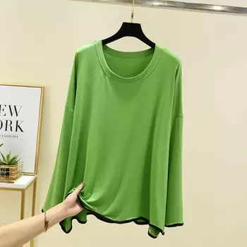 Рубашка-поддева очень большого размера, женская, весенняя, свободная, до 100,00 кг, пижама, большого размера, женская, большого размера, из модала, с длинными рукавами, футболка-топ Fruit Green L (Recommendation 40.00 kg-80.00 kg
