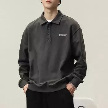 Рубашка поло American High Street, мужской свитер с длинным рукавом, осенний белый лацкан, модный бейсбольный топ из джерси на осень и зиму M чёрный