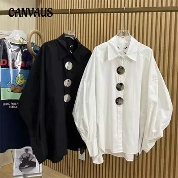 Рубашка поло большого размера для женщин на весну и осень, модная, универсальная, с рукавами «летучая мышь», однотонная рубашка L белый