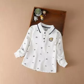Рубашка-поло для мальчиков, новинка 2024 года, высококачественный хлопок, весенне-осенний топ с длинными рукавами и вышивкой мультфильмов, детская повседневная одежда 110 белый