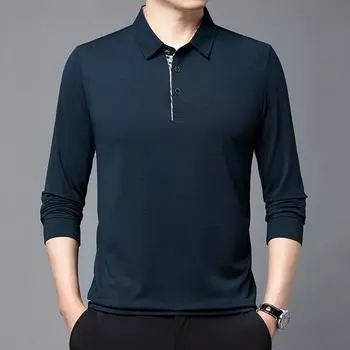 Рубашка поло для мужчин среднего возраста, футболка с длинными рукавами, весенне-осенняя, с лацканами, однотонная футболка из шёлка и хлопка, нижняя часть рубашки M