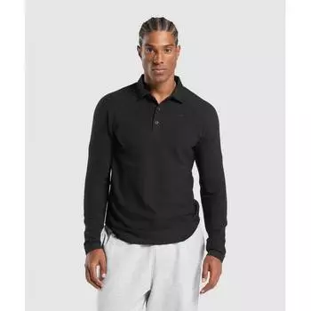 Рубашка-поло Gymshark с длинным рукавом из вафельной ткани, черная A1c3g Bb2j XS