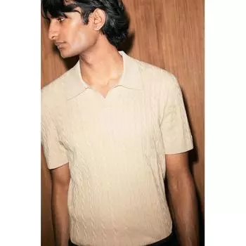 Рубашка поло HM Cable Knit Regular Fit бежевого цвета XS