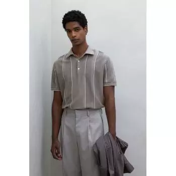 Рубашка-поло HM Pointel Knit, стандартный крой, темно-бежевая, в полоску XS