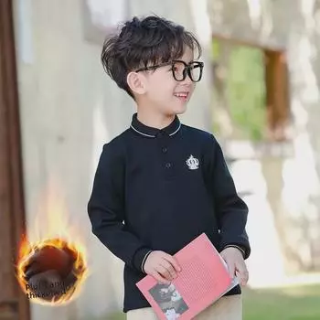 Рубашка-поло из бархата с длинными рукавами для мальчиков - Белая школьная форма для детей старшего возраста на зиму 130 cm