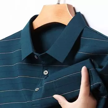 Рубашка поло, мужская деловая повседневная рубашка в полоску, высококачественная рубашка с прямыми лацканами и короткими рукавами из дышащей ткани M