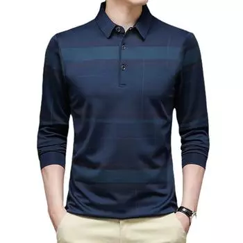 Рубашка поло Мужская футболка с длинным рукавом Рубашка сплошного цвета в полоску с лацканами Бесплатная железная свободная повседневная одежда M чёрный