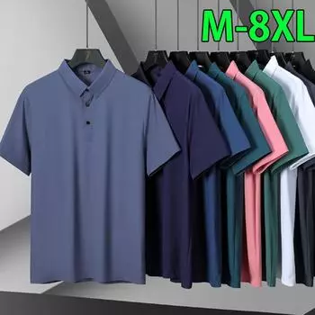 Рубашка ПОЛО мужская толстая, больших размеров, с воротником поло, топ из ледяного шелка, мужская быстросохнущая однотонная футболка с коротким рукавом 8XL белый