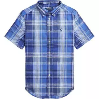 Рубашка Polo Ralph Lauren Ss24 с клетчатым принтом и вышивкой медведя, однобортная, с коротким рукавом, детские топы, синяя CWPOWOVY6820476-400 L