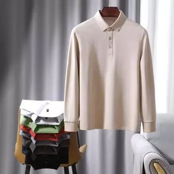 Рубашка поло с длинным рукавом, мужская, деловая, повседневная, однотонная, осенне-зимняя, нижняя рубашка, футболка премиум-класса с лацканами M тёмно-синий