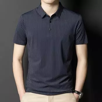 Рубашка-поло с половиной рукавов для молодежи и среднего возраста, мужская летняя бесшовная полосатая эластичная рубашка из тонкого ледяного шелка с лацканами, повседневная футболка с короткими рукавами, тренд M
