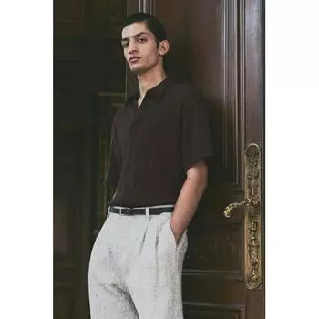 Рубашка-поло свободного кроя из жаккардовой ткани HM, коричневая XS