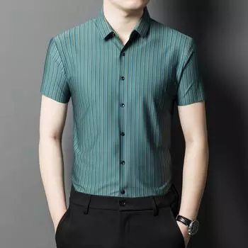 Рубашка против морщин без утюга, летняя бесшовная рубашка из ледяного шелка в вертикальную полоску с короткими рукавами, мужская деловая повседневная рубашка с половиной рукавов M чёрный