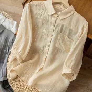 Рубашка рами с рукавами 3/4, женская свободная повседневная тонкая блузка в стиле ретро, весна/лето, хлопковые льняные рубашки, женский топ M белый