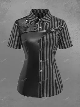 Рубашка Rosegal в готическом стиле с отложным воротником и черепом из искусственной кожи с пряжкой и люверсом в полоску и в стиле пэчворк с длинными пуговицами L чёрный