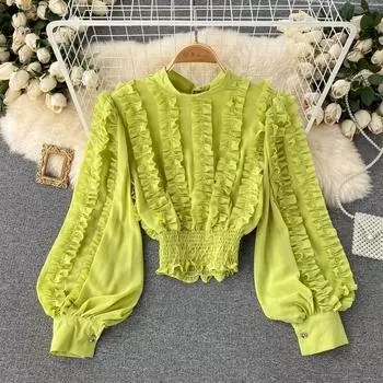 Рубашка RUGOD во французском стиле, женская дизайнерская рубашка с милыми рюшами и рюшами в иностранном стиле, универсальный стареющий шифоновый короткий топ с объемными рукавами