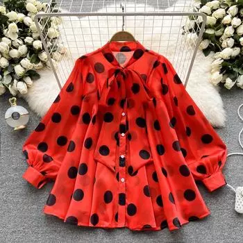 Рубашка RUGOD, женская весна 2022, новая модная универсальная шифоновая рубашка, топ в западном стиле с длинными рукавами в горошек One Size чёрный