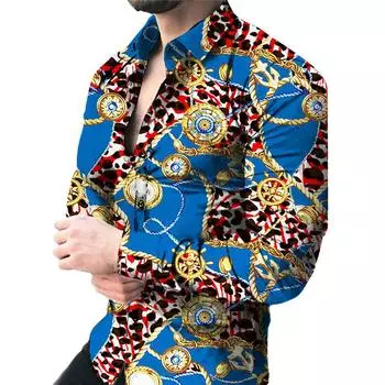 Рубашка с 3D-принтом и длинными рукавами, мужская повседневная рубашка для вечеринок с цветными блоками S синий