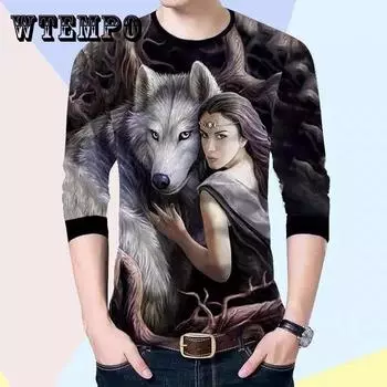 Рубашка с 3D принтом, мужская футболка с украшением в виде волка, модные белые футболки с длинными рукавами, свободный дышащий джемпер, уличная одежда XXXL