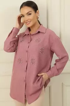 Рубашка с эффектом льна и деталями из жемчуга