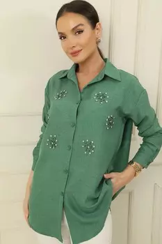 Рубашка с эффектом льна и деталями из жемчуга