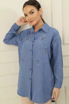 Рубашка с эффектом льна и деталями из жемчуга
