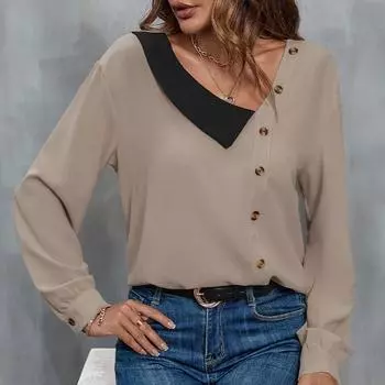 Рубашка с цветными блоками и V-образным вырезом, женская, повседневная, с длинными рукавами, блузка, свободный, темпераментный, пуловер, пригородная, нижняя рубашка, европейский стиль, мода, осень S коричневый