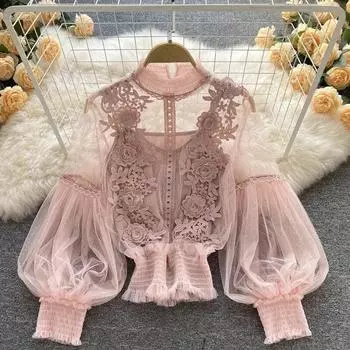 Рубашка с цветочным принтом и длинным рукавом, женская сетчатая кружевная блузка с воротником-стойкой, комплект из 2 предметов, женские короткие топы с прозрачной подкладкой 29996 One Size орион