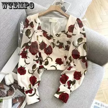 Рубашка с цветочным принтом, плиссированная модная блузка с вырезом, женская весенне-летняя французская шикарная рубашка в стиле ретро, женский топ на молнии сзади, готический топ S зелёный