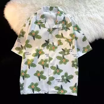 Рубашка с цветочным принтом, свободная американская винтажная женская блузка, летняя пляжная блузка с отложным воротником и короткими рукавами One Size
