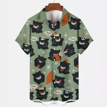 Рубашка с цветочным принтом в стиле аниме Pocket Monsters для мужчин и женщин с коротким рукавом и пуговицами, модная пляжная M