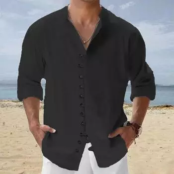 Рубашка с длинным рукавом для мужчин из хлопка и льна, с вырезом хенли, на одной пуговице, стильная, модная, на пуговицах, повседневная, для мужчин, на каждый день S чёрный