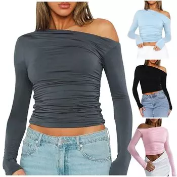 Рубашка с длинным рукавом для женщин, однотонные облегающие топы для выхода в свет, модные базовые футболки, уличная одежда L чёрный