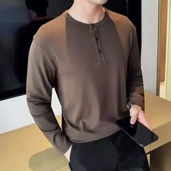 Рубашка с длинным рукавом Henry Neck, мужская футболка, эластичный круглый вырез, осенне-зимний интерьерный повседневный трендовый топ, однотонный цвет M белый