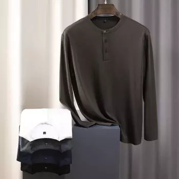 Рубашка с длинным рукавом Henry Neck, мужская футболка с круглым вырезом, осенне-зимний повседневный трендовый топ для интерьера, однотонный цвет M жемчужина белый