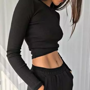 Рубашка с длинным рукавом и круглым вырезом, женские сексуальные укороченные топы в рубчик, весенние повседневные узкие тонкие базовые женские футболки M чёрный