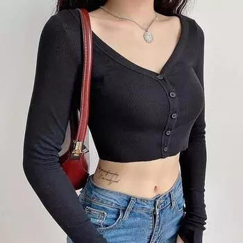 Рубашка с длинным рукавом и v-образным вырезом, женская майка в рубчик, сексуальные укороченные топы на пуговицах, однотонные повседневные узкие тонкие базовые женские футболки, одежда Y2K S белый