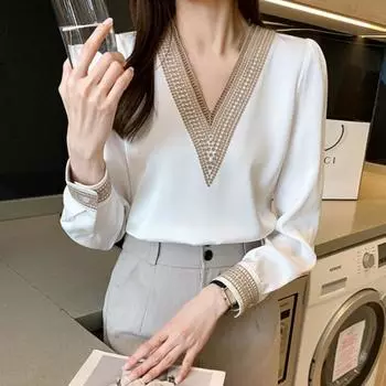 Рубашка с длинным рукавом и вышивкой Белая шифоновая блузка с v-образным вырезом Рубашка для работы M белый