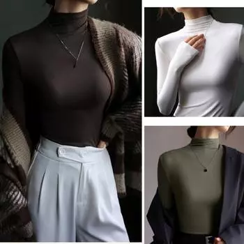 Рубашка с длинным рукавом и высоким воротником, женские сексуальные укороченные топы, осенние черные повседневные узкие тонкие базовые женские футболки M чёрный