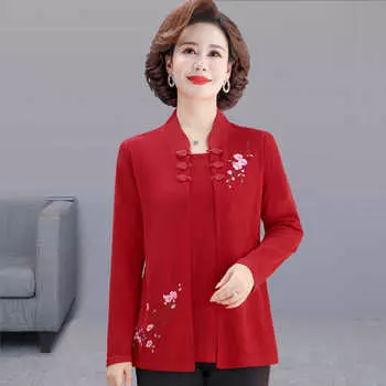 Рубашка с длинным рукавом, имитация двух частей, осенняя, для мам среднего возраста, вязание, вышивка, однотонный трикотажный повседневный свободный топ XXXXXL красный