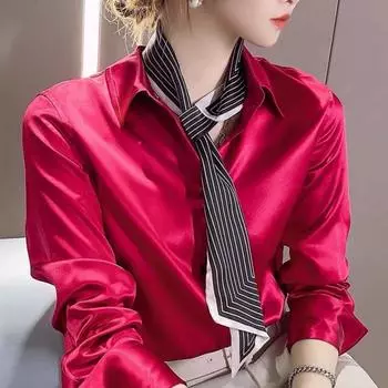 Рубашка с длинным рукавом из искусственного шелка для женщин, весенне-осенняя атласная блузка, офисная рубашка на пуговицах с лацканами S